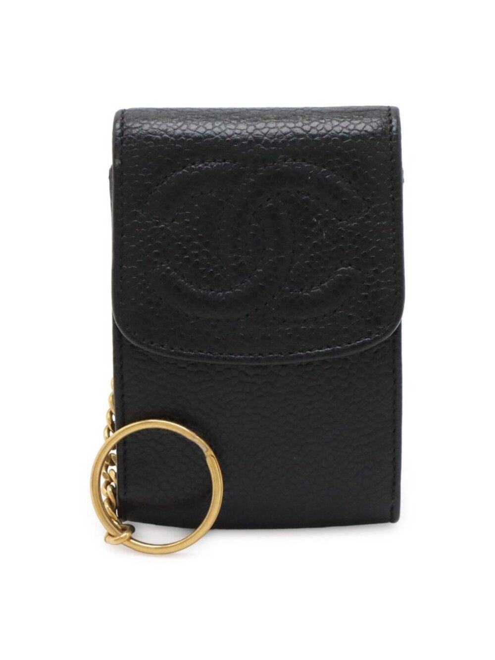 Chanel CC Logo Mini Pouch Multi Case Lip Caviar Leather Black Gold